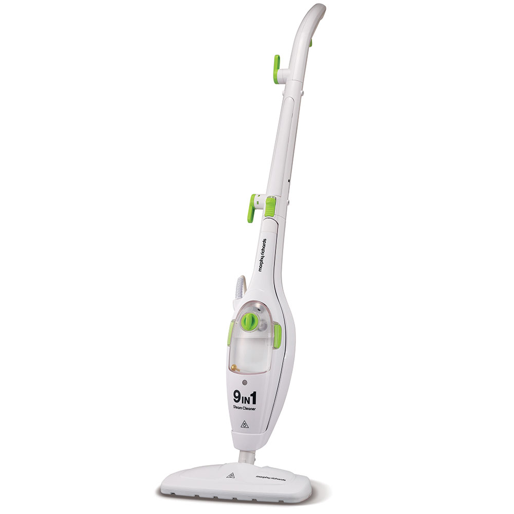 Parní čistič Morphy Richards 9 v 1 Steam Cleaner, čistí koberce, čalounění, pracovní plochy, obklady, okna, podlahy i oděvy, snadné ovládání, zásobník vody o obsahu 400 ml, v provozu vydrží až 15 minut, voda se nahřívá na 125–150 °C do 30 sekund, vhodný pro alergiky, 2 999 Kč.